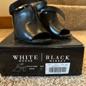 White House Black Market Black Leather Open-Toe Ankle Strap Heels